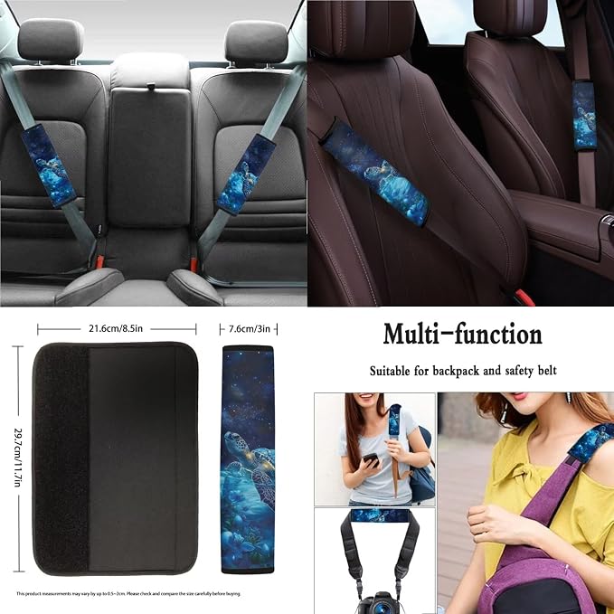 Suobstales Galaxy Turtle Flower Print Car Accessories with Car Front Rear Split Seat Covers, Seat Belt Pads + Steering Wheel Cover + Coaster + Keyrings for Women Set of 11-Pcs