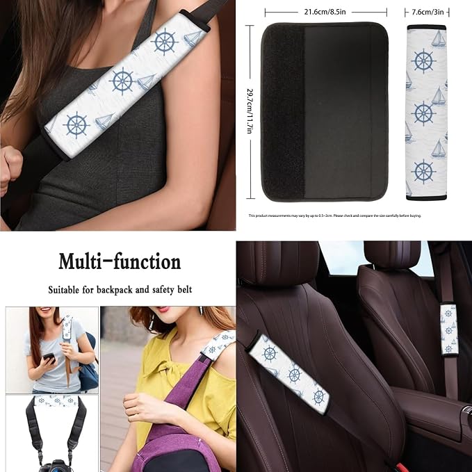 13 Pcs Car Seat Cover, Mediterranean Style Sailboat Universal Fit Car Front Rear Seat Covers, Nordic Nautical Lover Automotive Cup Holder Coaster