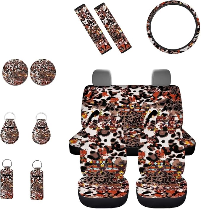 INSTANTARTS Leopard Print Auto Seat Cover Set 13PCS - Southwest Africa Aztec Front and Rear Seats, Steering Wheel, Seat Belt, Coaster, Keychain, Lipstick Cover