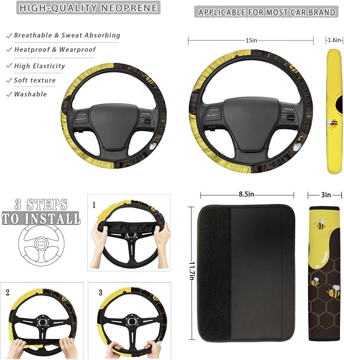 Cute Bee Honey Cartoon Car Seat Covers for Front Rear Full Set + Auto Steering Wheel Cover + Seat Belt Pads + 2Pcs Coasters + Keychains + Gear Shift Cover Universal fit SUV Truck Vans Sedans