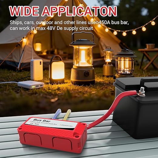 450A 48V DC Heavy Duty Bus Bar Kit, 2-Pack Positive & Negative Power Distribution Block with 5/16" (M8) Studs for Car RV Solar Panel Wiring Systems(Red 450A CXC01)