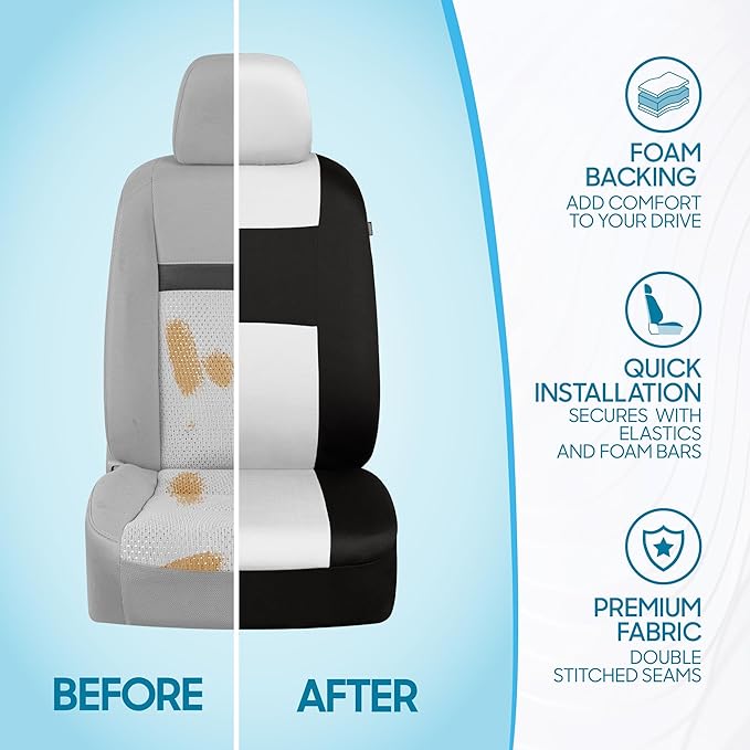 BDK PolyPro Car Seat Covers Full Set in White on Black, Front and Rear Split Bench Seat Covers for Cars, Easy to Install Car Seats Cover Set and Accessories for Auto Trucks Van SUV - White