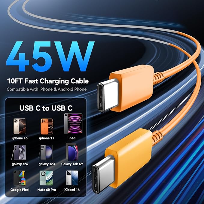 45W Super Fast USB C Charger for iPhone 17 16 Pro Max Charger, 10FT Long iPhone Chargers Fast Charging Cord Cable for iPhone 17 16 Pro Max/17 16 Pro/16 Plus,15 Pro Max/15, Android Phone-Orange