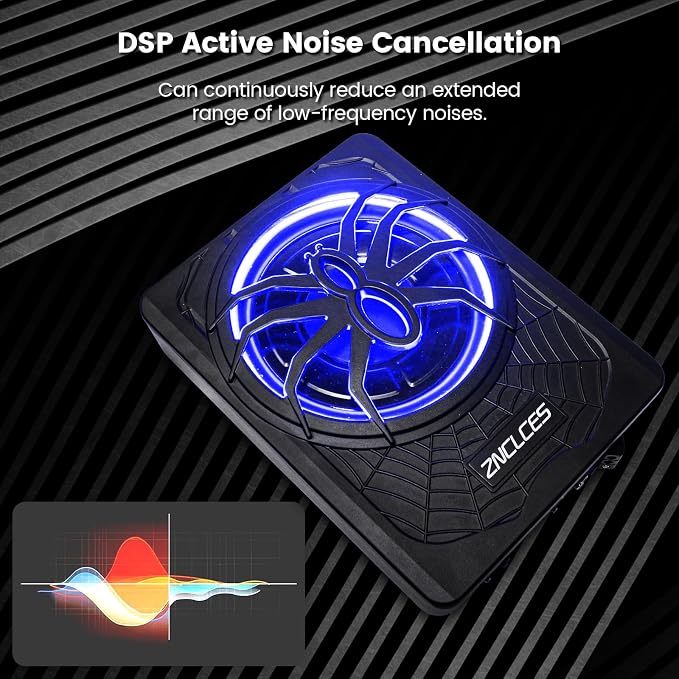 Znclces 2025 Upgraded 10" 1200W Slim Under Seat Powered Car Subwoofer, Car/Truck Sub Built in Amplifier for Outstanding Heat Dissipation, Powerful bass and Blue LED (Blue Light)