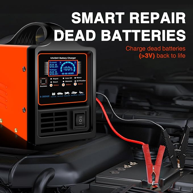 SolaMr 12V/24V Car Battery Charger Heavy Duty, Auto Trickle Charger, 0-15A Smart Automatic Battery Maintainer with Repair, Winter Mode, for AGM Automotive Truck Motorcycle