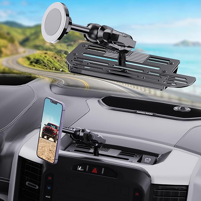 Stainless Steel Phone Mount for 2019+ Ram 1500/2500/3500/TRX, Magnetic & Clamp Dual Heads, All-Metal Shakeproof Unique America Flag Design OEM Screw Hole Dash Mount Install Super Stable
