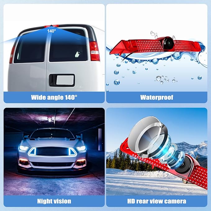 Camecho Top Rear Backup Camera Rear View Compatible for Chevy Express Van/GMC Savana Van 2003-2017 Van Truck AHD IR Night Vision Waterproof Roof Mount Reversing Brake Light Parking Assist Replaces