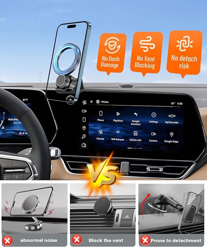 Magnetic Car Phone Mount for 2025 2026 Chevrolet Equinox Accessories, for MagSafe Strong Magnets Cell Phone Holder 11.3-Inch Screen Cradles, with Portable Phone Gripper 360° Rotation