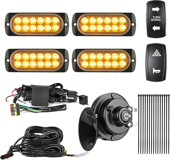UTV Turn Signal Kit with 110dB Horn, Dual Row 12 LED Beads, Pre-Wired Plug and Play Rocker Switch, Universal Street Legal Blinker Kit Compatible with Polaris Can-Am Teryx CFMOTO