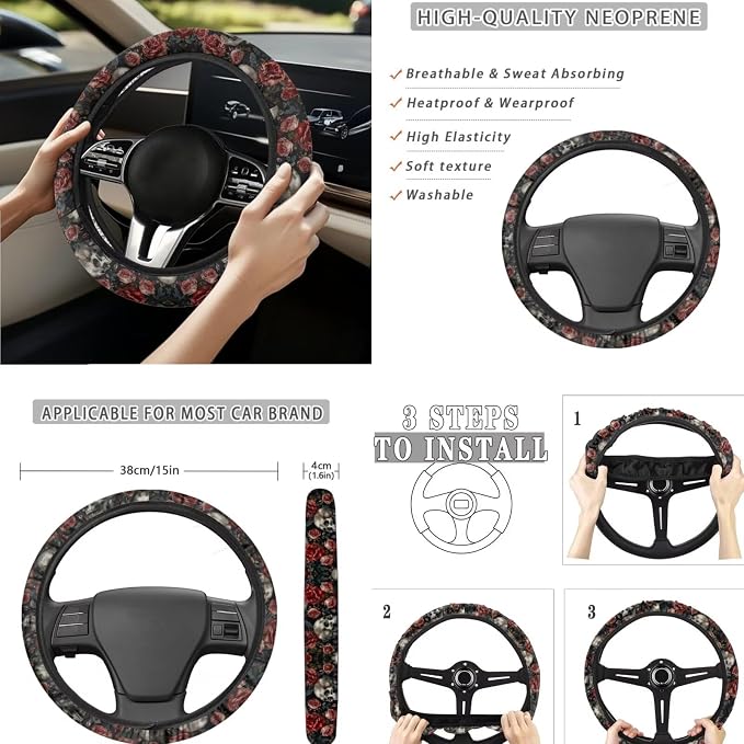 Rose Skull Car Seat Covers Full Set for Women Floral Car Accessories Steering Wheel Cover Seatbelt Pad Coasters Trash Can Car Headrest Pillow Covers Armrest Pad
