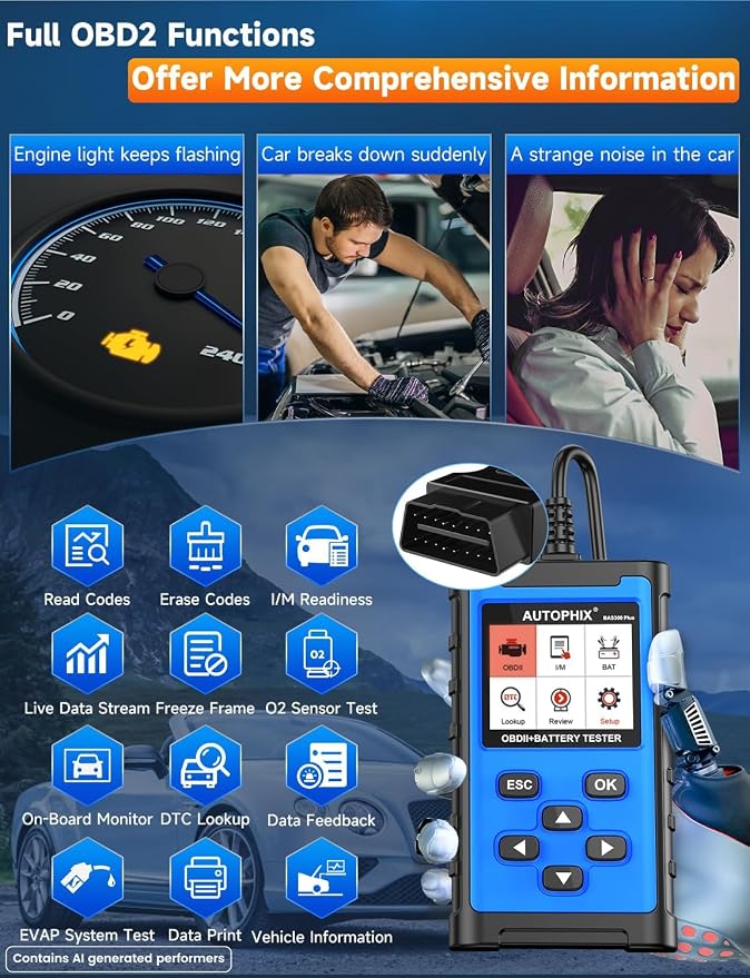 AUTOPHIX 2 IN 1 OBD2 Scanner with Battery Tester, BAS300 Plus 12V 100-2000 CCA Battery Charging Cranking Test Car Code Reader, Full OBD2 Diagnosis Check Engine Diagnostic Scan Tool Battery Load Tester