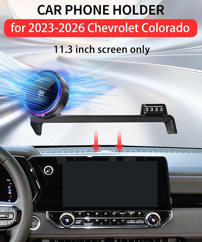 Qi2.2 25W Magnetic Car Mount Charger for 2023 2024 2025 2026 Chevrolet Colorado Accessories, for Fast Charging Cell Phone Holder 11.3 Inch Screen Fixed Clip with Cooling Fan＆54W Fast Adapter