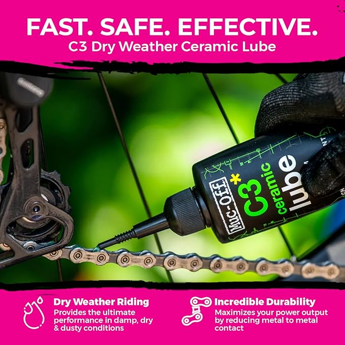 Muc-Off C3 Ceramic Dry Chain Lube 120ml + 3X Premium Bike Brush Set | Premium Bike Chain Lubricant with UV Tracer Dye | Ideal for Dry and Dusty Conditions