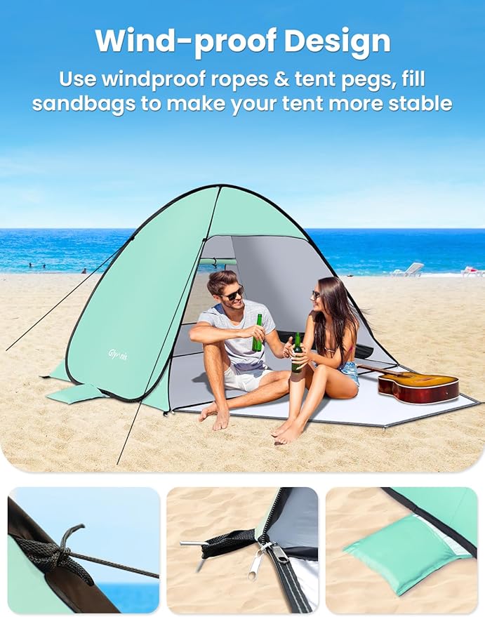 Glymnis Pop Up Beach Tent Beach Shade Tent for 1-4 Persons Sun Shelter UPF 50+ Enclose Zipper Door Portable Easy Up Beach Tent