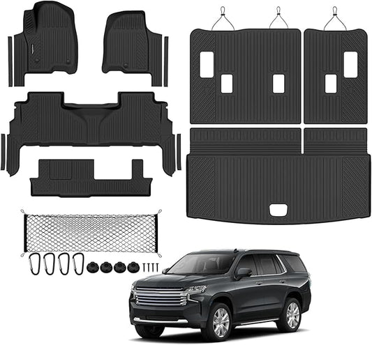 Tongama-Floor Mats for 2021-2025 2026 Chevy Tahoe/GMC Yukon 8 Seats with Bench Seats, All Weather TPE Trunk Mat & 3rd Row Backrest Mats & Cargo Net & Door Sill Guards for Tahoe Floor Liner Accessories