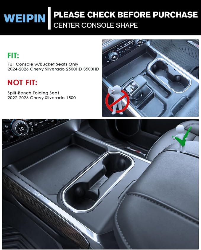 For 2PCS Center Console&Armrest Cup Holder Inserts Compatible with Refreshed Models 2024-2026 Silverado& GMC Sierra 2500HD/3500HD - Full Console w/Bucket Seats Only