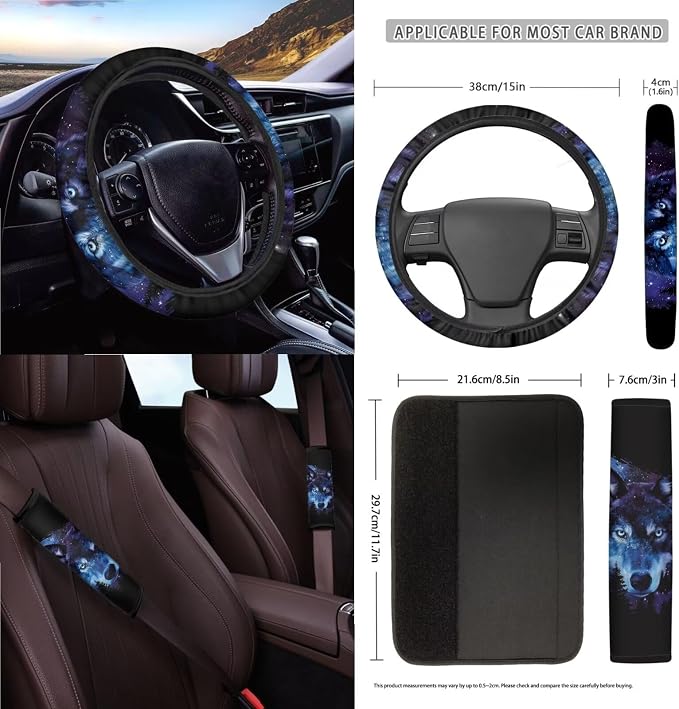 Wolf Galaxy Forest Print Car Seat Covers 15Pcs Full Set Car Steering Wheel Cover Seat Belt Cover Trash Bin Air Vent Storage Box Rear View Mirror Car Cup Holder Keychain