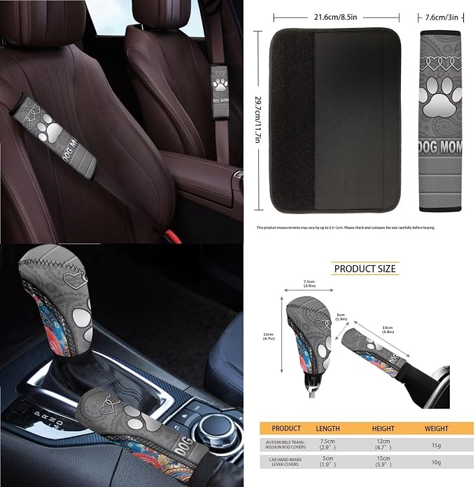 Dog Paw Print Car Seat Covers Full Set Dog Mom Print Front and Rear Car Seat Covers with Gear Lever Cover Handbrake Cover Garbage Bag Safety Belt Pads Cup Cushions, Gray