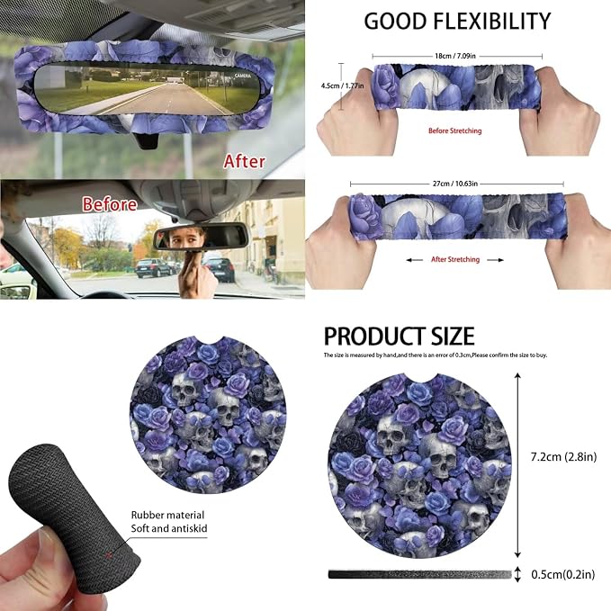 15 Pcs Light Purple Skull Car Seat Covers Full Set for Women Goth Accessories Interior Car Steering Wheel Cover Seatbelt Covers Trash Bin Rear View Mirror Cover Cup Holders Keychain
