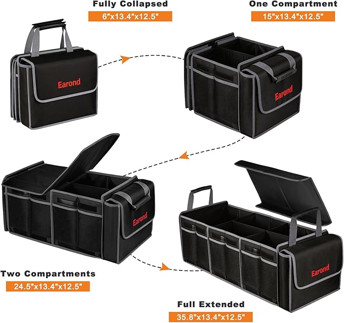 EAROND Collapsible Trunk Organizer with Insulated Leakproof Cooler Bag,Removable Lid,Adjustable Securing Straps,3 Compartments Trunk Organizer for SUV,Truck,Sedan(Grey & Black)
