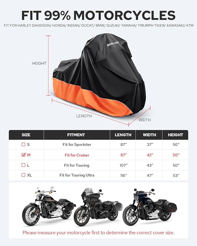 Benlari Upgraded Waterproof Motorcycle Cover Compatible with Cruiser, Softail Standard, Dyna, Forty-Eight, Nightster Special, Street Bob 114, Fat Bob 114, Sport Glide (87" x 42" x 50")