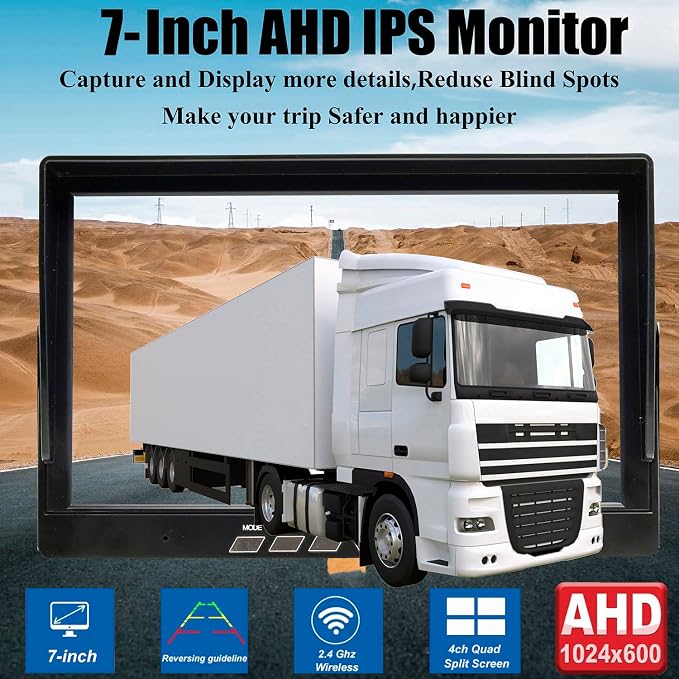 Vehicle 720P Digital Wireless Backup Camera System 7inch AHD IPS Monitor 1024X600 DVR Loop Recording+ 2pcs IP69K Waterproof IR Wireless Reversing Camera Dash Camera for Car Truck Bus RV Trailer