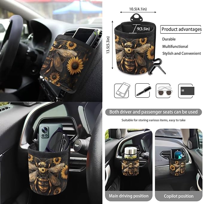 Bee Sunflower Pattern Car Seat Covers Full Set Steering Wheel Cover Seatbelt Covers Keychain Coasters Trash Bin Air Outlet Pocket Rearview Cover, 15pcs Car Interior