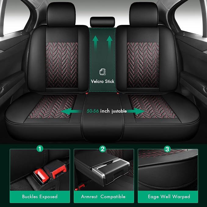 SCITOO Car Seat Covers Full Set Leather Fits for Ford F150 F250(Black&Red) | Waterproof Premium Nappa Leather Car Seat Covers,Airbag-compatible,Full Protection,Easy to install ,Fits for 15-24 For Ford