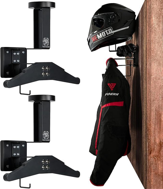 OneTigris Motorcycle Helmet Holder Wall Mount, Tactical Gear Holder with Helmet Stand and Plate Carrier Hanger, Solid Wood Wall Rack Organizer & Display for Police, Football, Cycling Gear