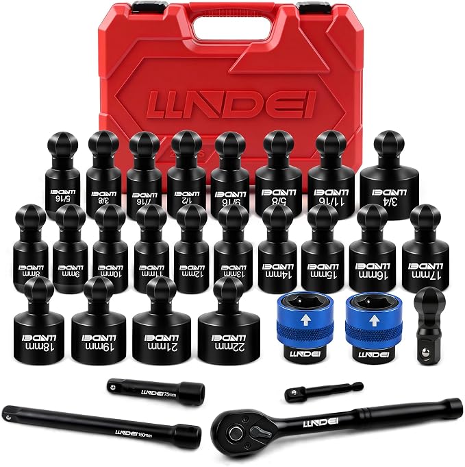LLNDEI 29Pcs Swivel Socket Set, Quick Release Design, CR-MO 3/8 Swivel Sockets Metric(8-22mm)&Sae(5/16"-3/4"), Wobble Socket Set with Ratchet Wrench, Extension Bar and Adapters.