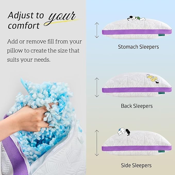 BETU Cooling Pillows Queen Size Set of 2, Shredded Memory Foam Pillows Cool for Hot Sleepers, Adjustable Firm Soft Support Bed Pillow Perfect for Back Neck Pain and Side Sleeping with Cover, Purple