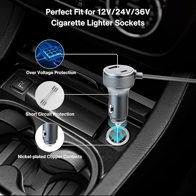 Car Charger to DC Female Adapter 60W Output for Starlink Mini with Display, 33W Dual USB-C/USB-A Ports, Compatible with 12V/24V/36V Cigarette Lighter for Cars, RVs & Boats