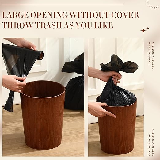 Threehoney 2 Pack 2.3 Gallons Wood Trash Can Wastebasket Natural Wood Round Wastebasket Small Trash Bin for Home, Office Under Desk, Kitchen, Bedroom, Hotel, Room(Dark Brown,Flat)
