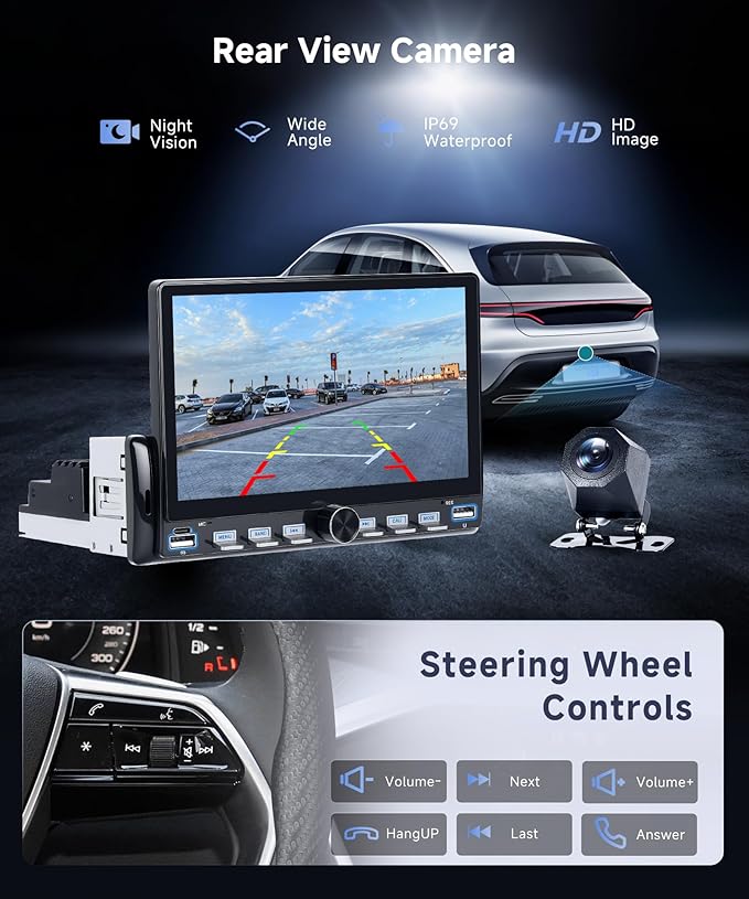 Single Din Android Car Stereo with Wireless Carplay Android Auto, Orderich 4G+64G 7“ Touch Screen Car Radio 1 Din with backup Camera, Support 4G WiFi Mirror Link GPS Navigation Bluetooth FM USB EQ SWC