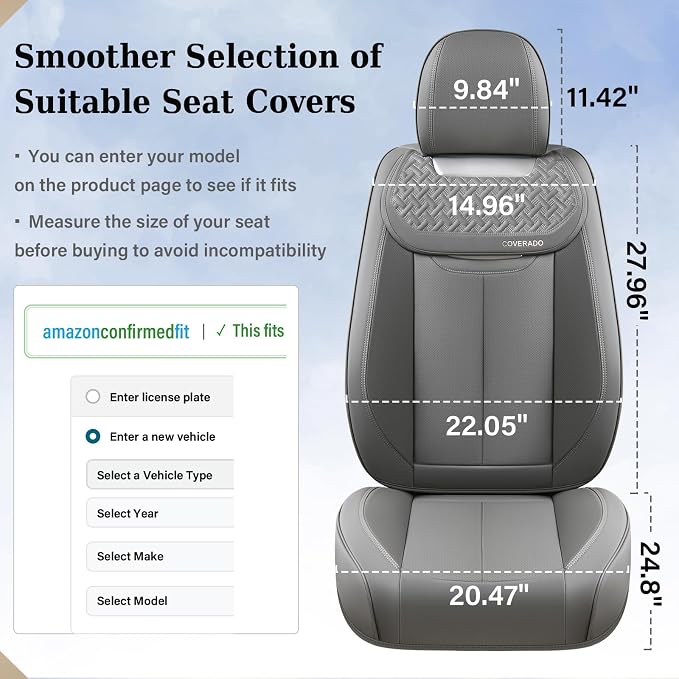 Coverado Car Seat Covers Front Seats, Luxury Nappa Leather Waterproof Seat Covers for Cars, Universal Front Seat Covers, Driver Seat Protector Automotive Interior Accessories Fit for Most Cars,(Gray)