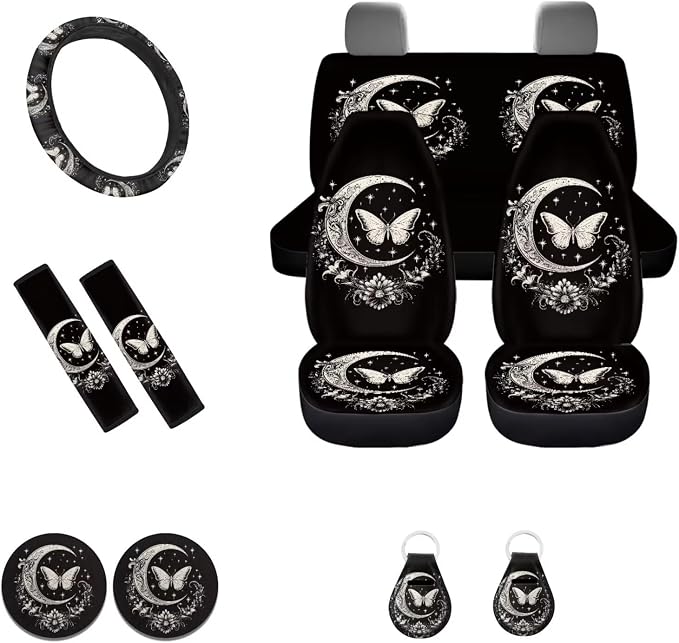 POLERO Black Floor Moon Butterfly Car Seat Covers with Steering Wheel Cover Seatbelt Pads Coasters Keychains Full Set of 11