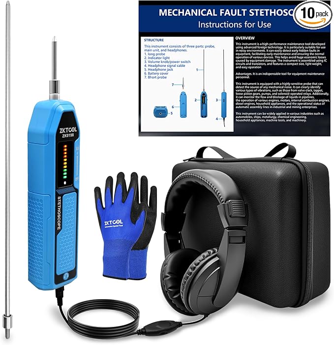 ZKTOOL Automotive Electronic Mechanics Stethoscope Electronic Ear Diagnostic Device Kit EM410, with Short and Long Probe, Headphones, Engine Noise Finder Detector Tester, Frequency Range 20Hz~20KHz