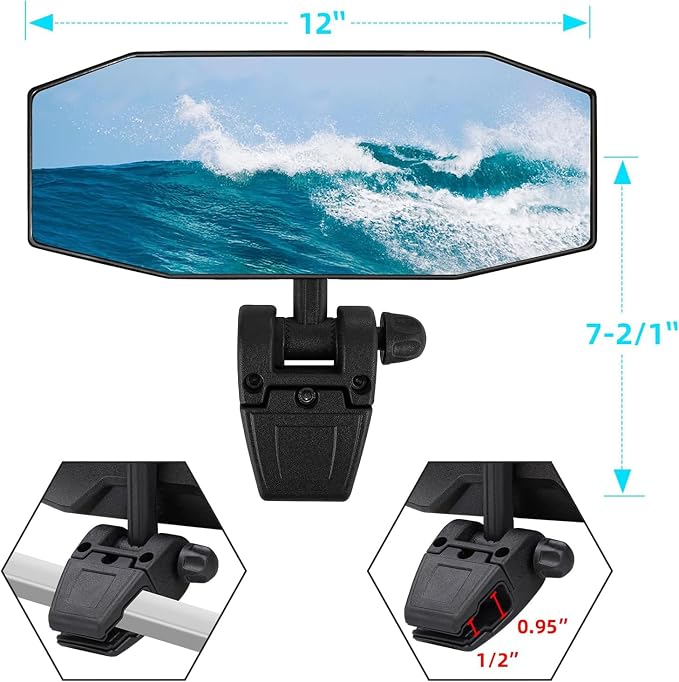 Boat Mirror Rear View Pontoon Mirror for Marine Ski Water Skiing Surfing,4.7" x 12.2" Extra Large Boat Rear view 360° Adjustable Stable,Easy Clamp on Windshield/Window Frame 1/2 inch Max
