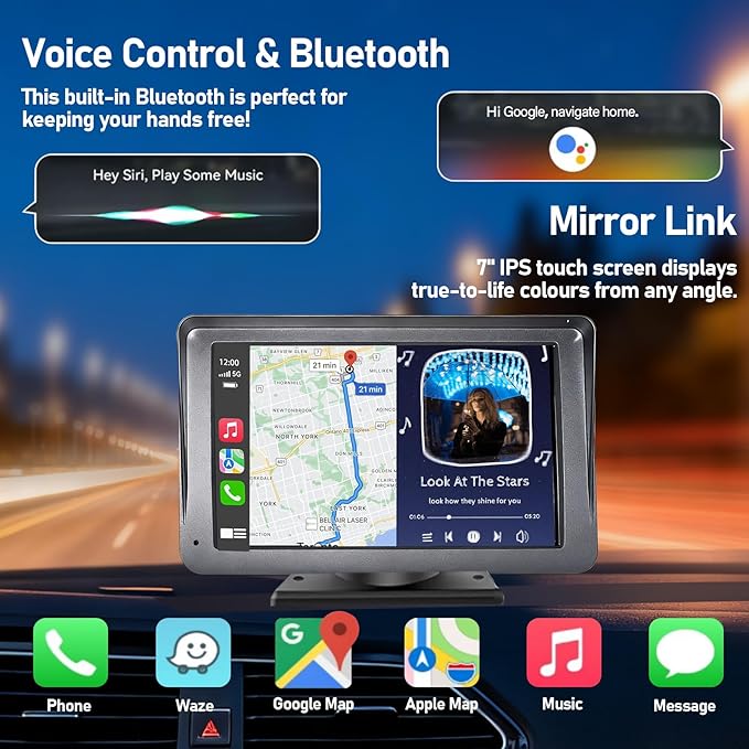 Portable Wireless Radio with Apple CarPlay and Android Auto Screen for Car, 7 Inch Anti-Glare Touchscreen Radio with Bluetooth Hands-Free/Navigation/Voice Control/AHD Backup Camera, for All Vehicles