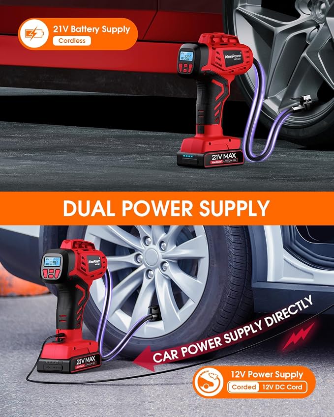 KeenPower Digital Cordless Tire Inflator Portable Air Compressor Automatic 160PSI w/Gauge Screen & 4+N Smart Mode & Dual Power Supply, Rechargeable 21V Battery Powered Handheld Air Pump, Car Tire Pump