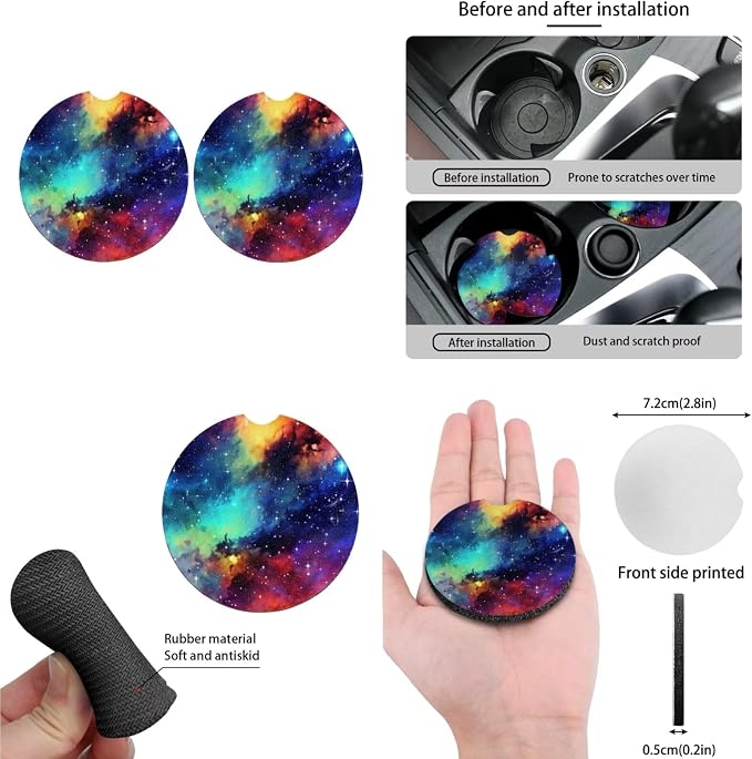 Starry Sky Rainbow Print 13 Piece Car Seat Covers for Women Universe Outer Space Pattern Steering Wheel Cover Cup Coasters Seat Belt Pads Cover