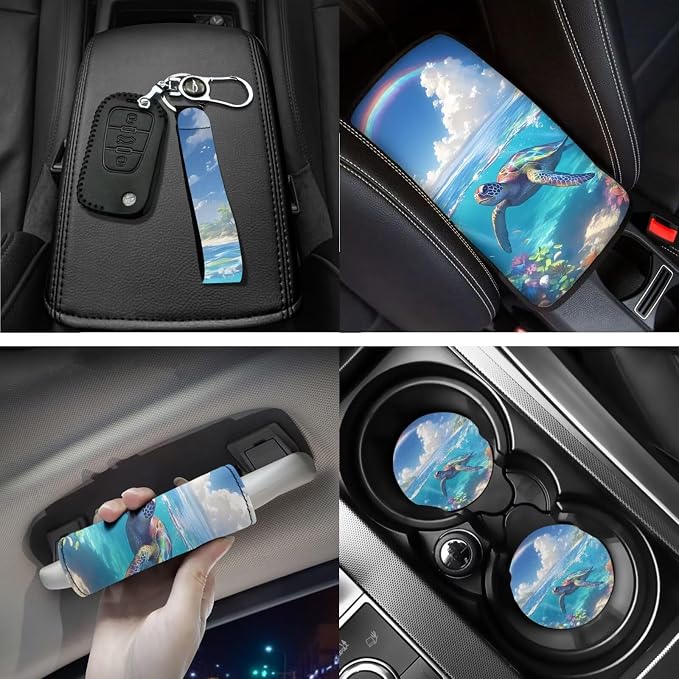 Summer Turtle Design Car Interior Accessories Set of 18, Car Seat Covers Full Set with Floor Mats Steering Wheel Cover Shoulder Pads Armrest Pad Cover Roof Gloves Cup Coaster Keychain