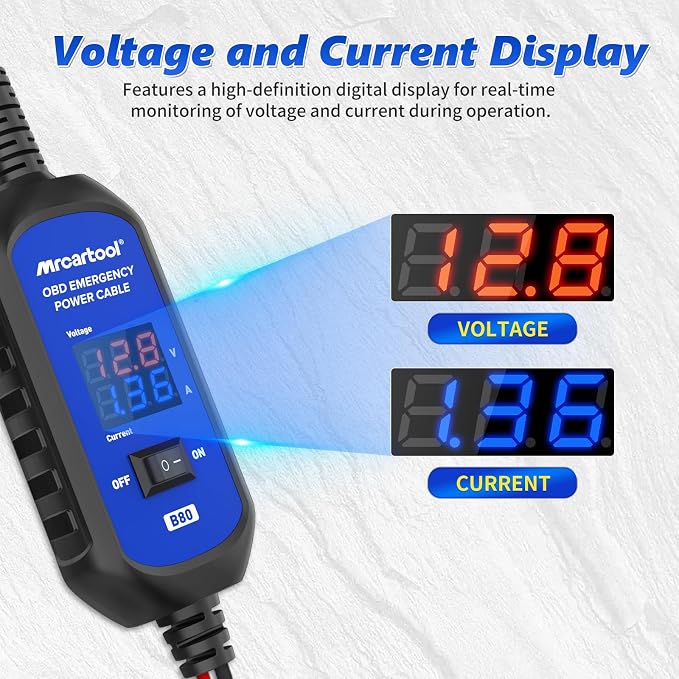 OBD II Car Memory Saver Cable 12V Vehicle ECU Emergency Power Supply Cablewith Voltage and Current Display OBD II Battery Leakage Detective Kit with 3A Fuse & 2 Alligator Clips