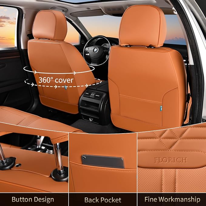 FLORICH Car Seat Covers for Front Seats, Universal Seat Cushion 2 Seats, Car Seat Protector Waterproof, Premium Leather Automotive Seat Covers for Most Cars, Sedans, SUVs, and Trucks-Brown