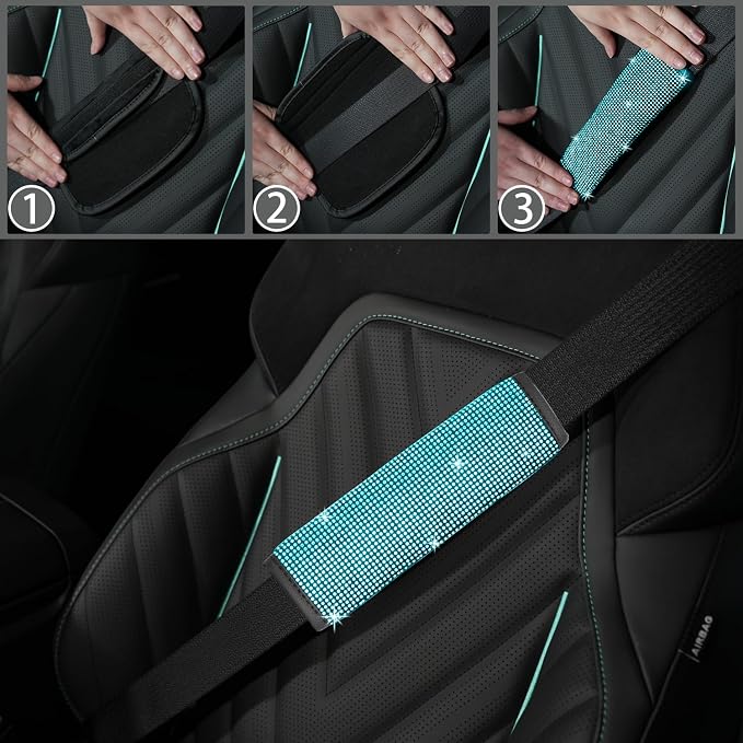 NBTEPEM 12 Pcs Bling Car Accessories Set for Women Car Floor Mats Full Set Steering Wheel Cover Seat Belt Covers Coasters Universal Fit Car SUV Truck Van Aquamarine