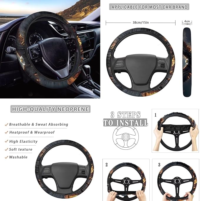8 Pcs Eagle American Flag Design Car Accessories Set, Car Seat Covers Full Set with Auto Steering Wheel Cover Center Console Pad Seat Belt Covers, Patriotic Decorations