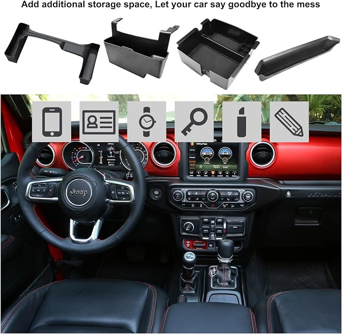 Center Console Organizer Fit for 2024 2025 Jeep Wrangler JL JLU&Gladiator JT Gear Shift Console Side Tray Grab Bar Tray Passenger Hanging Armrest Storage Box for Wrangler/Gladiator (4PCS)