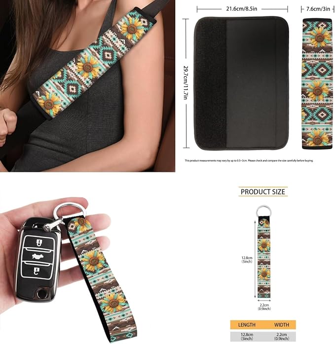 Aztec Sunflower Car Seat Covers Set of 15 with Universal Steering Wheel Cover, Rearview Mirror Cover, Car Trash Can, Seatbelt Pads, Cup Holder Coasters, Keychains