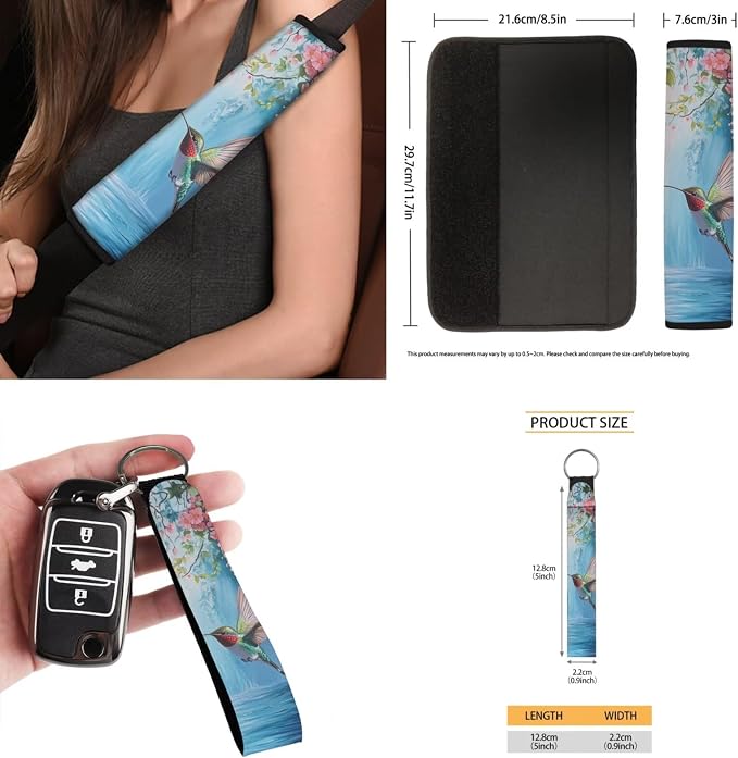 15 Pcs Blue Hummingbird Floral Car Seat Cover Full Set for Women with Car Steering Wheel Cover Seat Belt Cover Trash Bin Front Rear View Mirror Car Cup Holder Keychain