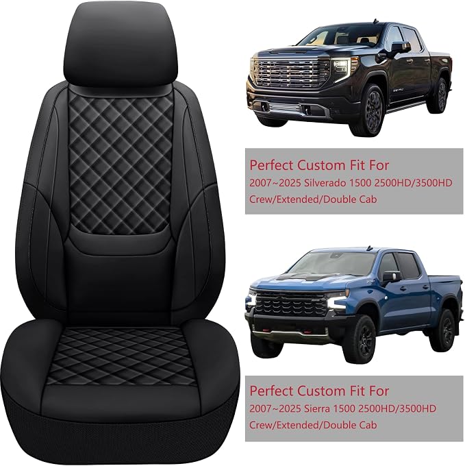 Silverado Seat Covers 2007-2026 Front Pair, Truck Interior Sets Custom Fit for Chevy Chevrolet Silverado GMC Sierra 1500/2500/3500HD Crew/Double/Extended Cab with Lumbar Support, Black